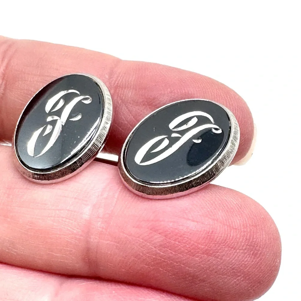 Vintage Anson F Engraved Silvertone Cufflinks and Tie Tack Set with Black Inlay